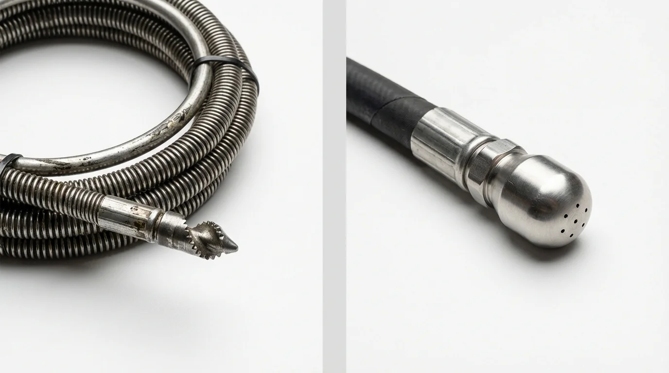 Drain snake cable and hydro jetting nozzle used for drain cleaning in Woonsocket, RI