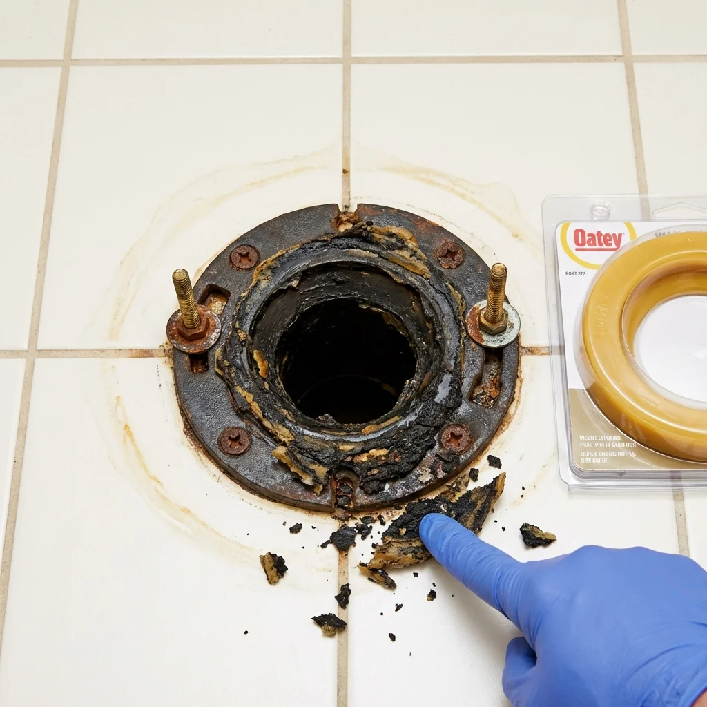 Failed wax ring showing water seepage at the base of a toilet in a Woonsocket, RI home