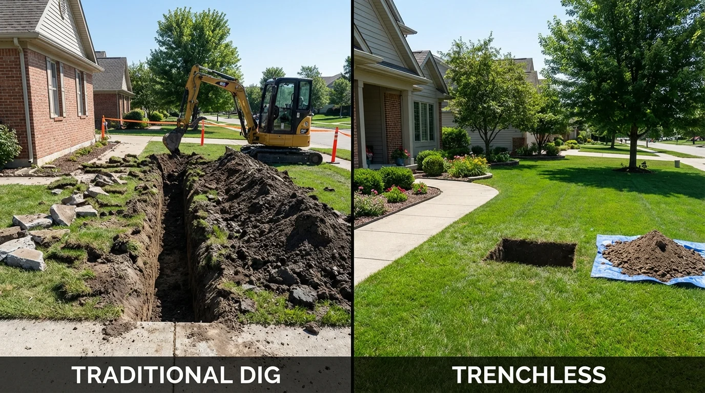 Trenchless sewer repair with minimal yard damage versus traditional excavation in Woonsocket, RI