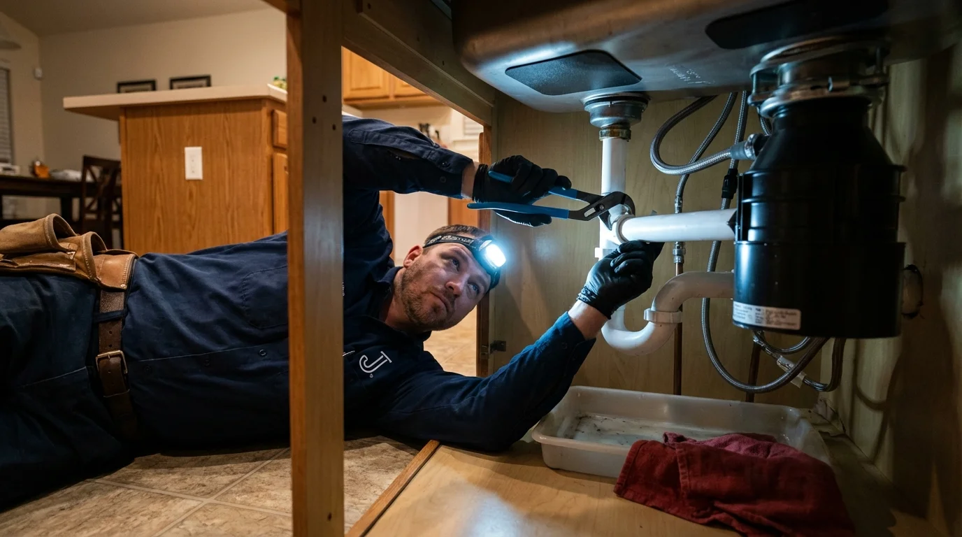 P-trap and supply line connections under a kitchen sink showing a common leak point in Woonsocket, RI